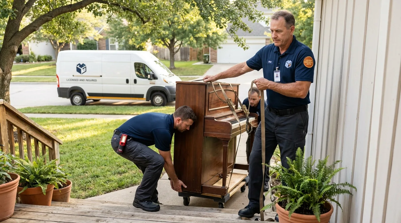 Licensed piano movers securing grand piano in Fort Dodge, IA