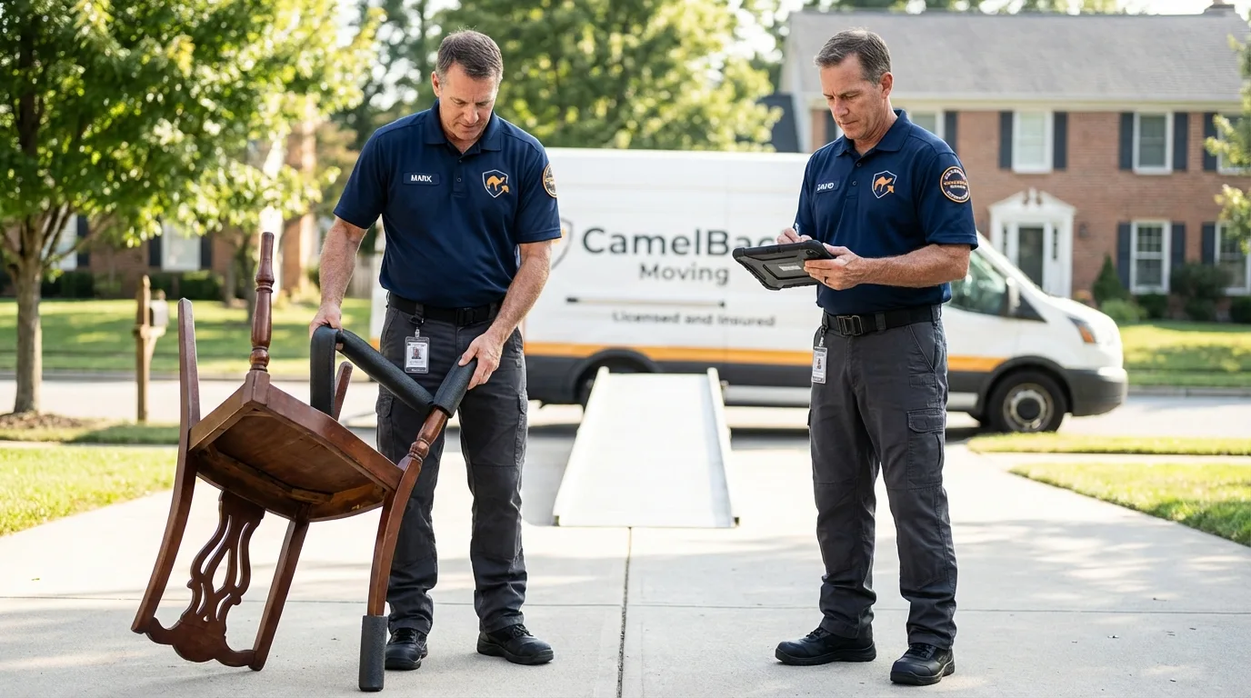 Movers inspecting furniture for damage prevention before loading in Fort Dodge, IA