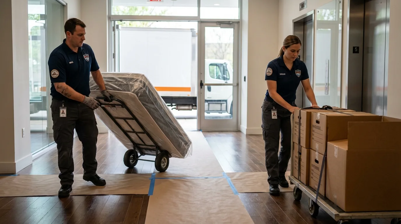 Professional apartment movers loading elevator in Fort Dodge, IA