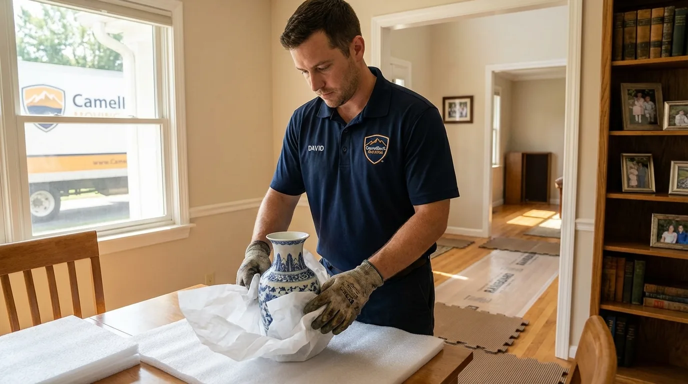 Professional crew carefully wrapping antique vase for senior downsizing move in Fort Dodge, IA